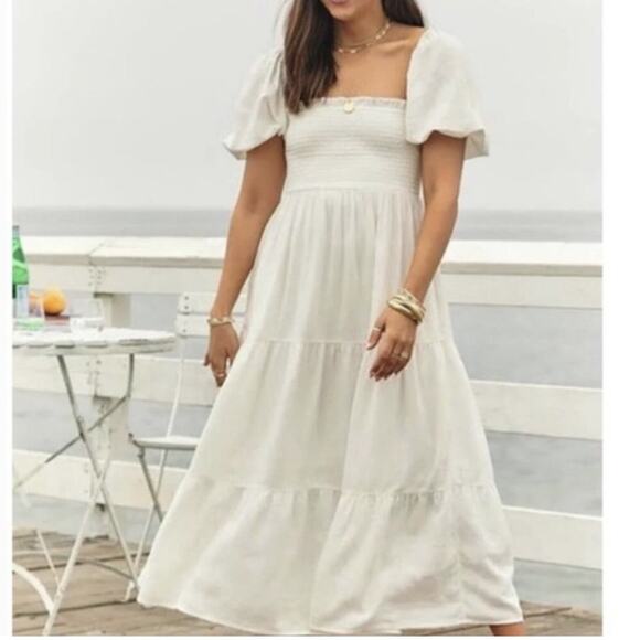 Abercrombie & Fitch Dresses & Skirts - Abercrombie Fitch White Cotton Linen Smocked Maxi Dress Puff Sleeves Size XXL